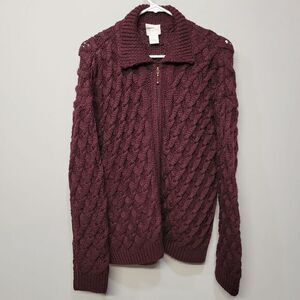 VTG 90s Moda Int'l Sweater Cardigan Size M Burgundy‎ Full Zip Cable Knit Chunky